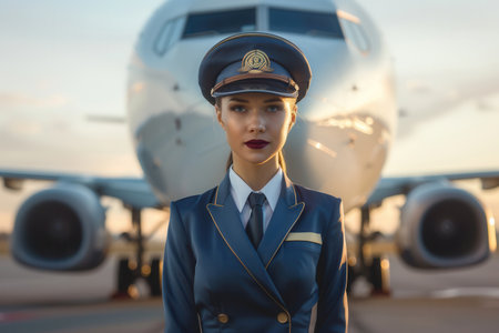 A flight attendant poses in uniform near a large airplane, ready for boarding as the sunset casts a warm glow over the airport.の素材
