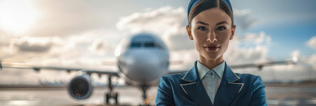A flight attendant stands confidently in her uniform with an airplane in the background, showing her professionalism at the airport.の素材