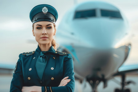 A flight attendant poses with a confident expression near a commercial airplane, showing her professional uniform at the airport.の素材