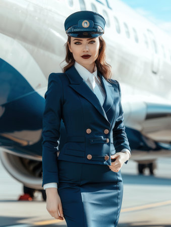 A skilled flight attendant poses professionally next to an aircraft, showcasing her uniform and readiness for service as passengers prepare to board.の素材