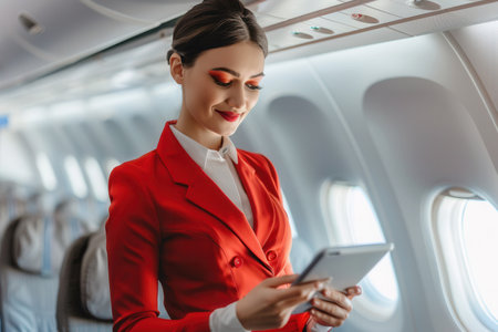 The flight attendant in red checks her tablet, ready to assist passengers in the airplane cabin.の素材