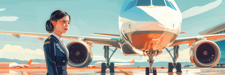 A flight attendant in uniform observes the airplane on the tarmac, ready for passengers at a bustling airport under a clear sky.の素材