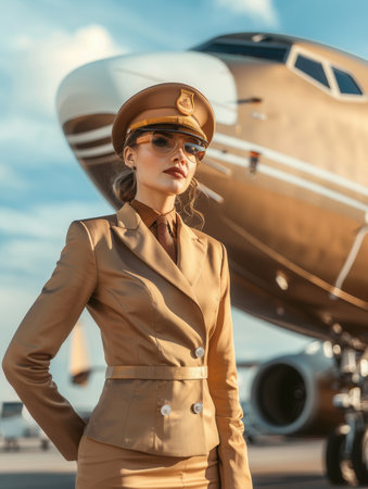 A flight attendant poses confidently in a stylish uniform beside a large aircraft, showing the elegance and professionalism of air travel.の素材