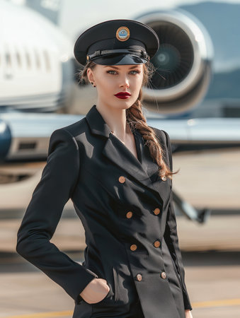 A flight attendant showcases her elegant uniform, standing proudly on the tarmac beside a private jet, under clear blue skies.の素材
