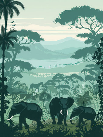 Elephants wander freely among lush foliage in a serene wildlife sanctuary, showing the beauty of nature at sunrise.の素材