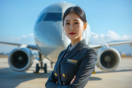A flight attendant poses with arms crossed, showcasing professionalism and poise against the backdrop of a parked airplane.の素材