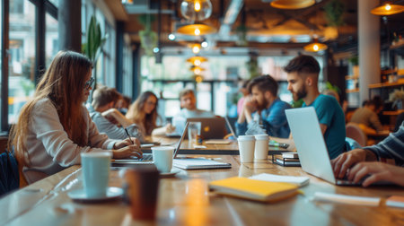 A group of young entrepreneurs actively collaborates in a trendy cafe filled with laptops, notebooks, and coffee cups, enhancing productivity and creativity.の素材