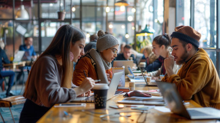 A diverse team of young entrepreneurs collaborated at a trendy cafe, focused on their laptops and discussing ideas over coffee.の素材
