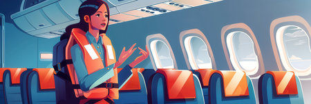 A flight attendant explains safety protocols to passengers while seated in an airplane cabin with empty seats around her.の素材
