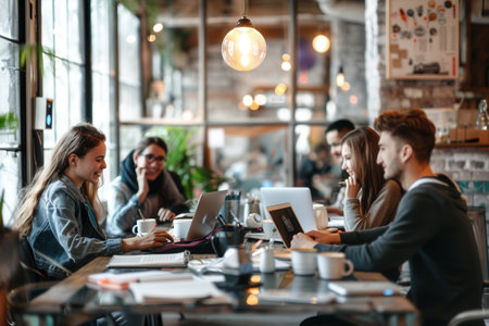 Young entrepreneurs gather in a trendy cafe, engaged in vibrant collaboration over laptops, notes, and coffee.の素材
