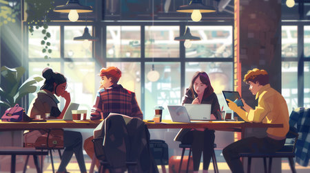 Young entrepreneurs engage in teamwork at a trendy cafe, surrounded by laptops, notebooks, and coffee while brainstorming ideas.の素材