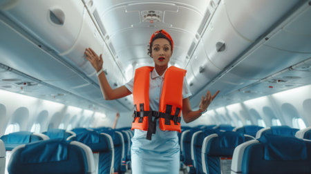 A flight attendant demonstrates safety gear, engaging travelers as they prepare for departure on a routine flight.の素材