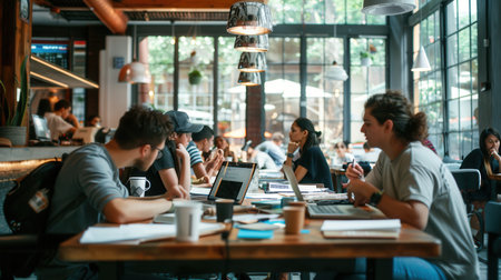 Young entrepreneurs engage in teamwork at a modern cafe surrounded by laptops, notebooks, and coffee cups, creating a vibrant workspace atmosphere.の素材