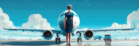 A flight attendant poses in front of a parked aircraft, showcasing professionalism and pride in her role at the airport.の素材