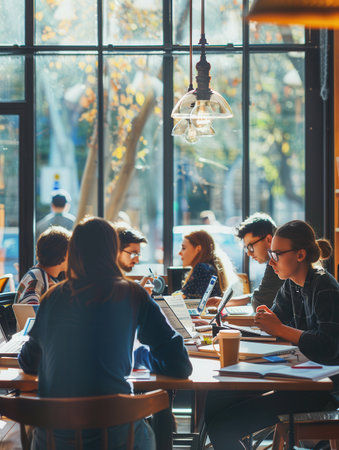 A group of young professionals discusses ideas while surrounded by laptops, notebooks, and coffee cups in a trendy cafe.の素材