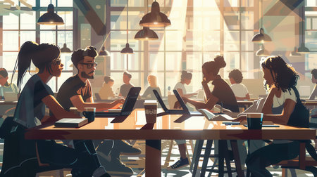 A group of young entrepreneurs engage in teamwork at a bustling cafの素材