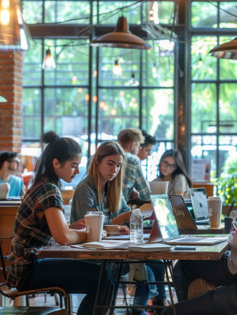 A group of young entrepreneurs is brainstorming together in a cafe, surrounded by laptops, notebooks, and coffee cups, nurturing creativity and productivity.の素材