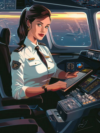 A flight attendant is attentively engaged in her duties in the aircraft cockpit, preparing for an evening flight as the sun sets on the horizon.の素材