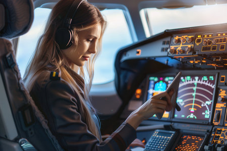 A flight attendant checks important safety details on her tablet while seated in the cockpit, ready for the upcoming flight as sunlight pours in.の素材
