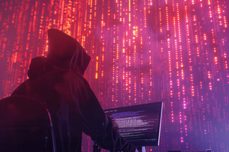 A hooded figure sits at a desk, focusing on a computer displaying vibrant, matrix-like code in a dimly lit environment.の素材