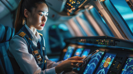 The flight attendant attentively checks necessary documents in the cockpit as twilight descends outside the airplane.の素材