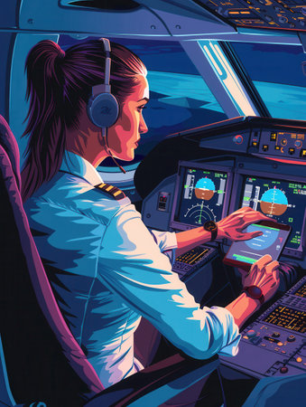 A flight attendant is seen helping passengers, ensuring comfort and safety during a late-night flight over calm waters.の素材