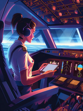 A flight attendant reviews flight information on a tablet while seated in the cockpit, surrounded by illuminated flight instruments and controls.の素材