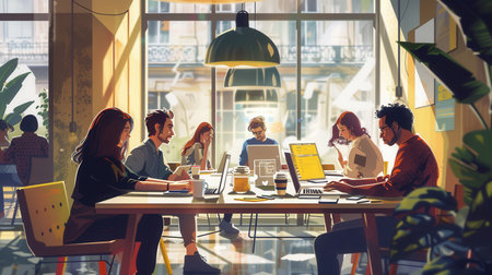 A group of young entrepreneurs engage in brainstorming and collaboration, surrounded by laptops and coffee in a vibrant cafe atmosphere.の素材