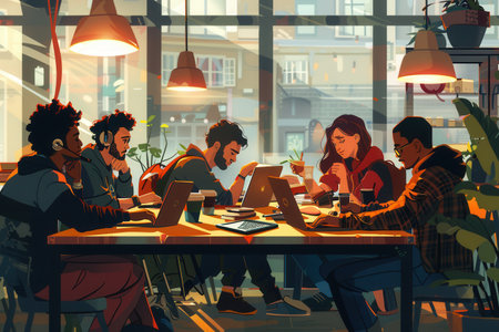 Young entrepreneurs engage in collaborative work at a cozy cafe, surrounded by laptops, notebooks, and coffee cups during a bustling afternoon.の素材