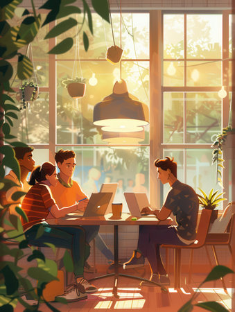 A group of young entrepreneurs discusses ideas while working on laptops at a stylish cafe, creating an inspiring atmosphere.の素材