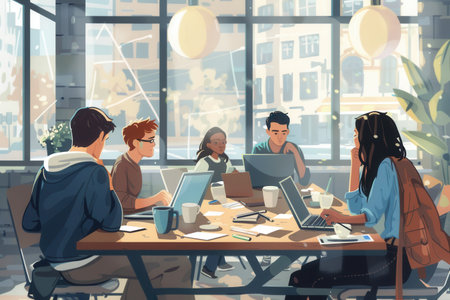 A group of young entrepreneurs brainstorm and work together in a bustling cafの素材