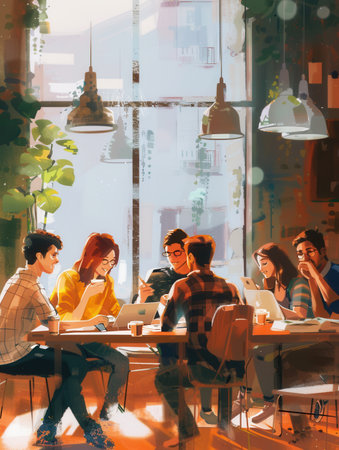 Young entrepreneurs are engaged in a lively collaboration at a trendy cafe, surrounded by laptops, notebooks, and coffee cups, creating an inspiring atmosphere.の素材