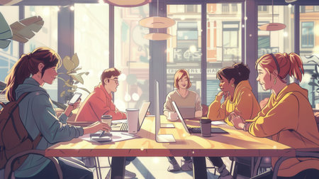 A group of young entrepreneurs share ideas while working on their laptops and sipping coffee in a lively cafe setting filled with natural light.の素材