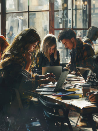 Young entrepreneurs brainstorm and collaborate at a trendy cafe, surrounded by laptops, notebooks, and coffee cups as they work on their projects.の素材