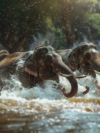 A group of elephants is playfully swimming and splashing water in a river surrounded by vibrant foliage under bright sunlight.の素材
