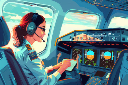 A flight attendant checks equipment in the cockpit while preparing for takeoff, ensuring a safe and efficient flight experience for passengers.の素材