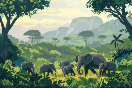 A herd of elephants explores the vibrant landscape of the wildlife sanctuary, foraging amidst the trees and underbrush in the early morning light.の素材