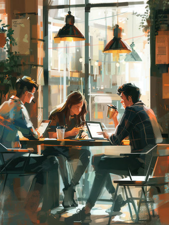 Young professionals brainstorm and work on projects together in a stylish cafe, surrounded by laptops, notebooks, and coffee.の素材