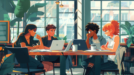 Young entrepreneurs discuss ideas while surrounded by laptops and coffee cups in a stylish cafe setting.の素材