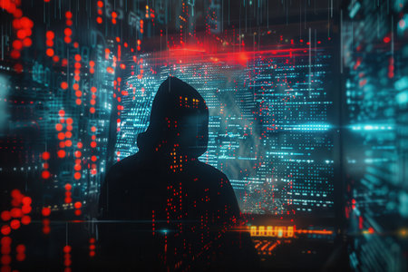 A hooded figure is intensely focused on a computer, surrounded by vibrant, flowing code on a large screen, creating a high-tech atmosphere.の素材