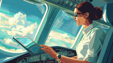 The flight attendant focuses on her tablet, ensuring a smooth experience for passengers while soaring above fluffy clouds.の素材