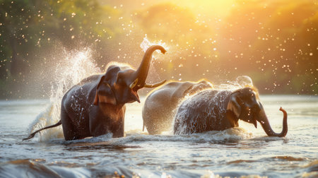 A group of elephants joyfully splashes water while enjoying a beautiful sunset by the river, surrounded by lush greenery.の素材