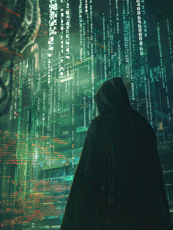 A hacker in a hoodie focuses on a glowing screen filled with flowing code, immersed in a digital world during the quiet hours of the night.の素材