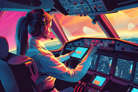 The flight attendant checks the cockpit instruments and coordinates while the sun sets outside the aircraft window.の素材