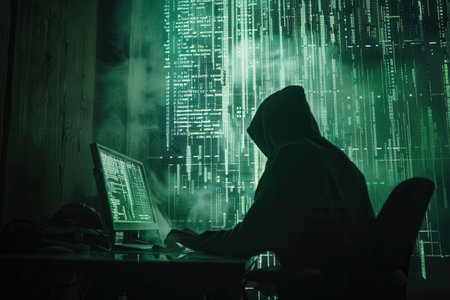 A silhouette of a lone hacker wearing a hoodie focuses on a computer screen filled with green matrix-like code in a dark environment.の素材