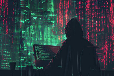 A shadowy figure in a hoodie works intently on a computer, illuminated by glowing code on a large screen in a dark environment.の素材