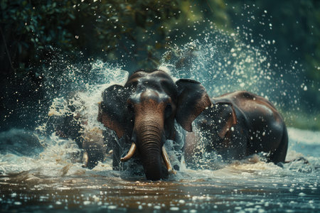 Two elephants enjoy a playful moment, splashing water in a serene river surrounded by lush greenery on a sunny day.の素材