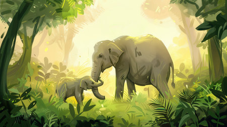 A mother elephant gently interacts with her calf in a vibrant jungle, surrounded by lush greenery and soft morning light.の素材
