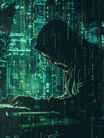 A hacker in a hoodie intensely types on a keyboard, illuminated by the bright green code cascading on the large screen in front of them.の素材