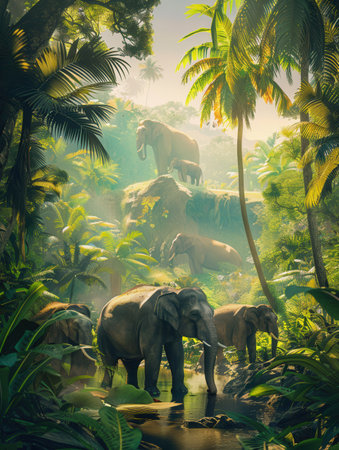 Elephants wander freely through a lush national park, exploring their natural habitat amidst dense foliage and serene water.の素材